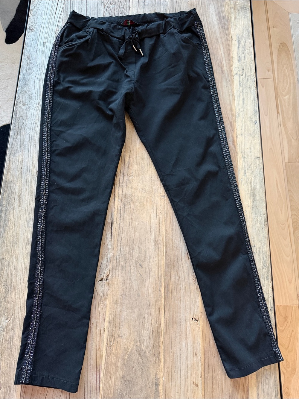 Women's Black Jeggings with Side Trim and Drawstring Waist, stretch ,Italian 🇮🇹